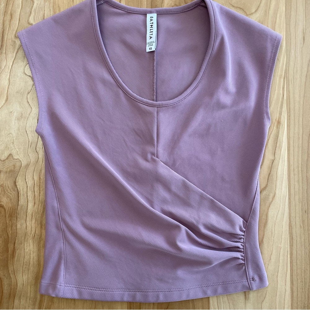 Athleta Bayview Faux Wrap Shirt Women’s XS Mauve Ribbed Ruched Side